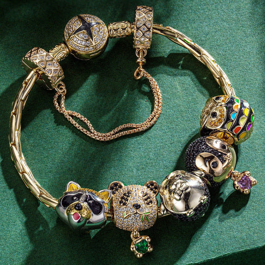 gona- Sterling Silver Wish You Delight and Wisdom Animals Charms Bracelet Set With Enamel In 14K Gold Plated - Heartful Hugs Collection (Includes bracelet and all charms shown)