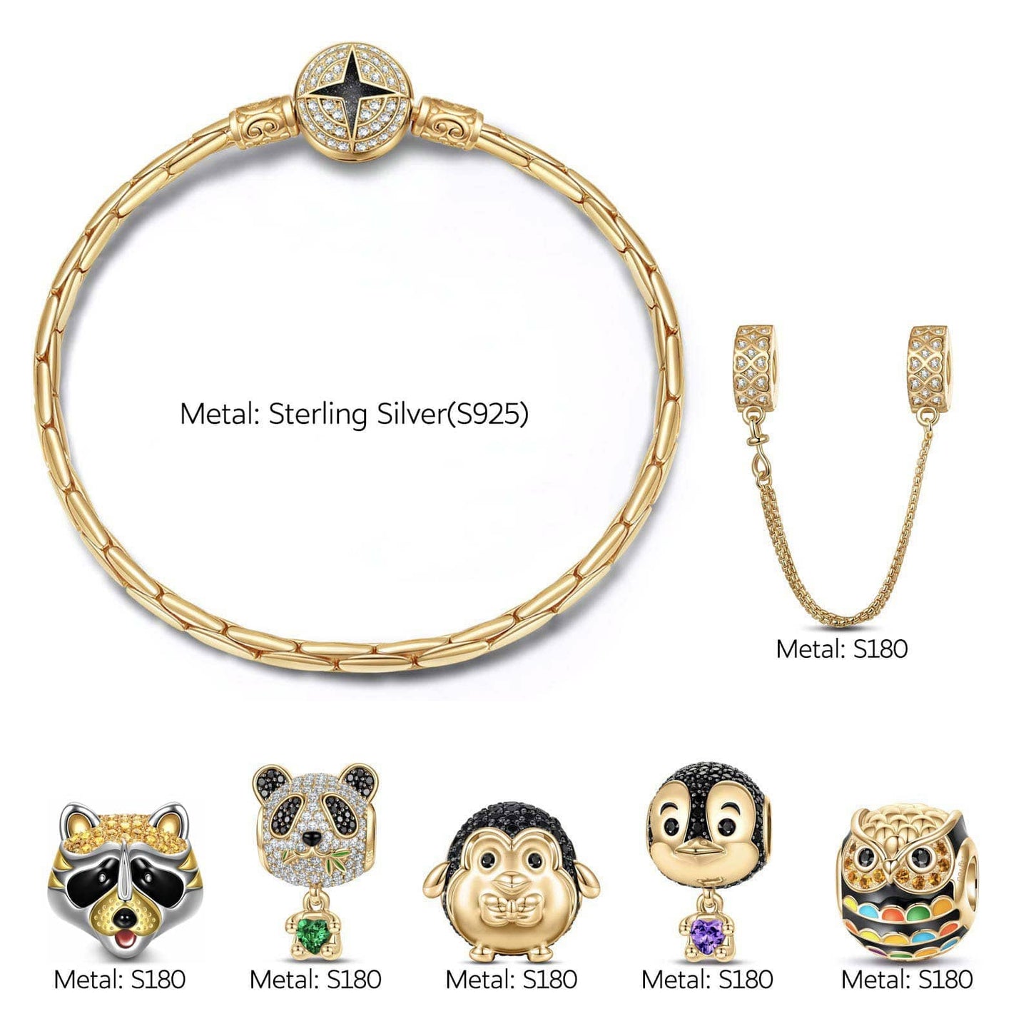 Sterling Silver Wish You Delight and Wisdom Animals Charms Bracelet Set With Enamel In 14K Gold Plated - Heartful Hugs Collection (Includes bracelet and all charms shown)