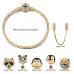 Sterling Silver Wish You Delight and Wisdom Animals Charms Bracelet Set With Enamel In 14K Gold Plated - Heartful Hugs Collection (Includes bracelet and all charms shown)