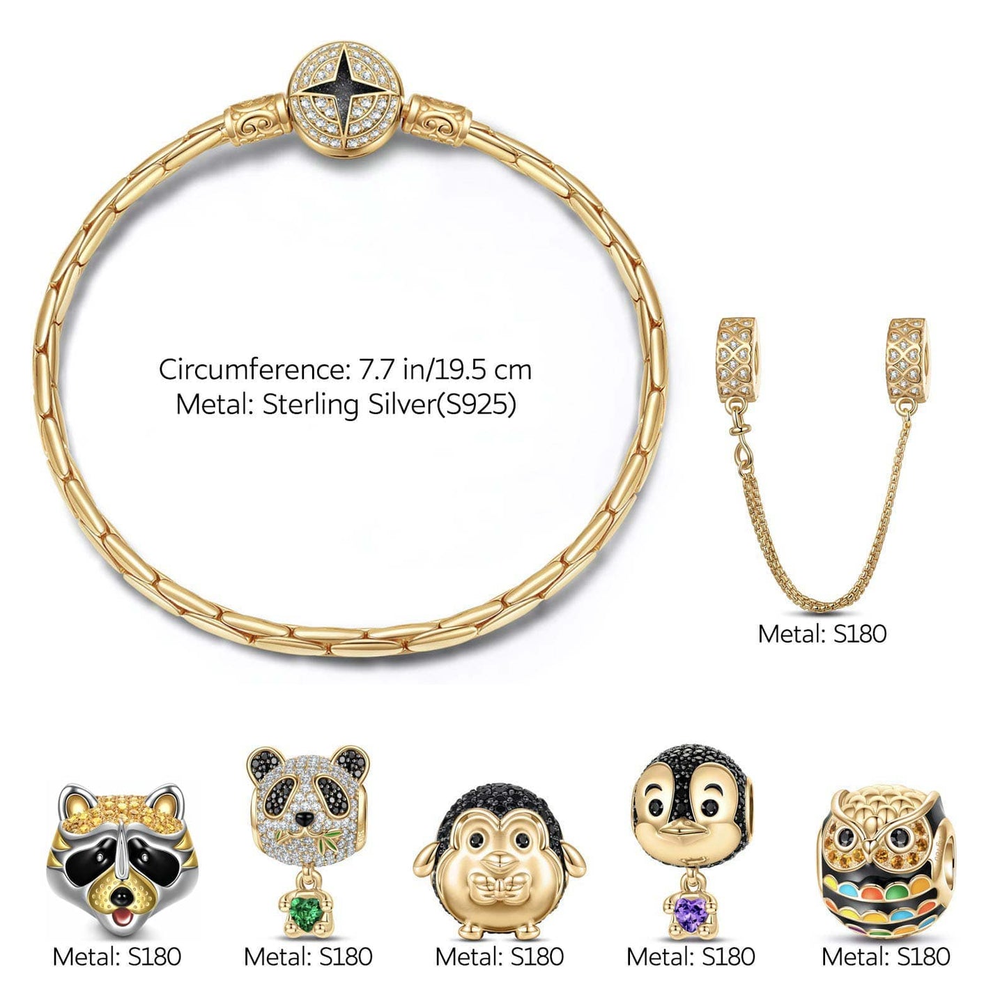 Sterling Silver Wish You Delight and Wisdom Animals Charms Bracelet Set With Enamel In 14K Gold Plated - Heartful Hugs Collection (Includes bracelet and all charms shown)