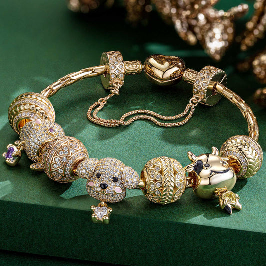 gona- Sterling Silver Embrace the Joy of Innocence Animals Charms Bracelet Set In 14K Gold Plated - Heartful Hugs Collection (Includes bracelet and all charms shown)