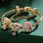 Sterling Silver Enchanting Puppy Bliss Animals Charms Bracelet Set In 14K Gold Plated - Heartful Hugs Collection