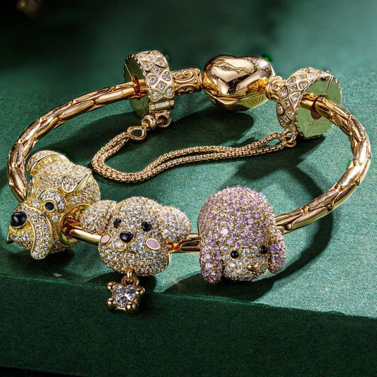 gona- Sterling Silver Enchanting Puppy Bliss Animals Charms Bracelet Set In 14K Gold Plated - Heartful Hugs Collection (Includes bracelet and all charms shown)