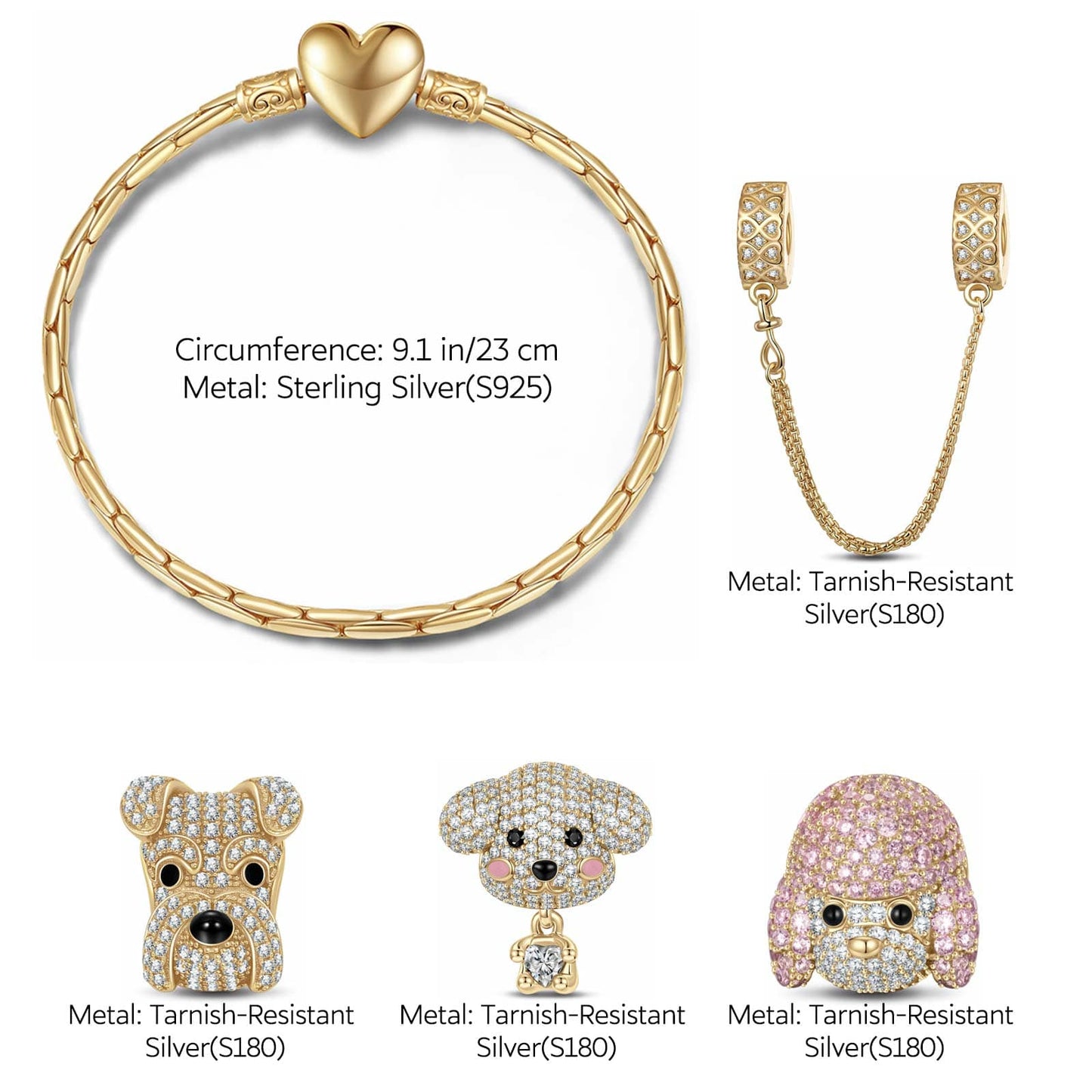 Sterling Silver Enchanting Puppy Bliss Animals Charms Bracelet Set In 14K Gold Plated - Heartful Hugs Collection (Includes bracelet and all charms shown)