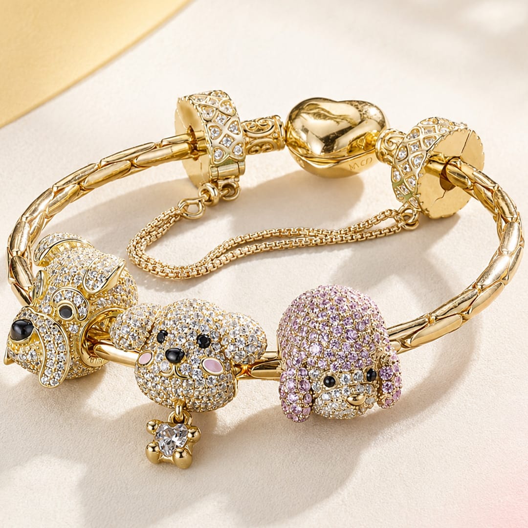 Sterling Silver Enchanting Puppy Bliss Animals Charms Bracelet Set In 14K Gold Plated - Heartful Hugs Collection (Includes bracelet and all charms shown)