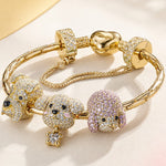 Sterling Silver Enchanting Puppy Bliss Animals Charms Bracelet Set In 14K Gold Plated - Heartful Hugs Collection (Includes bracelet and all charms shown)