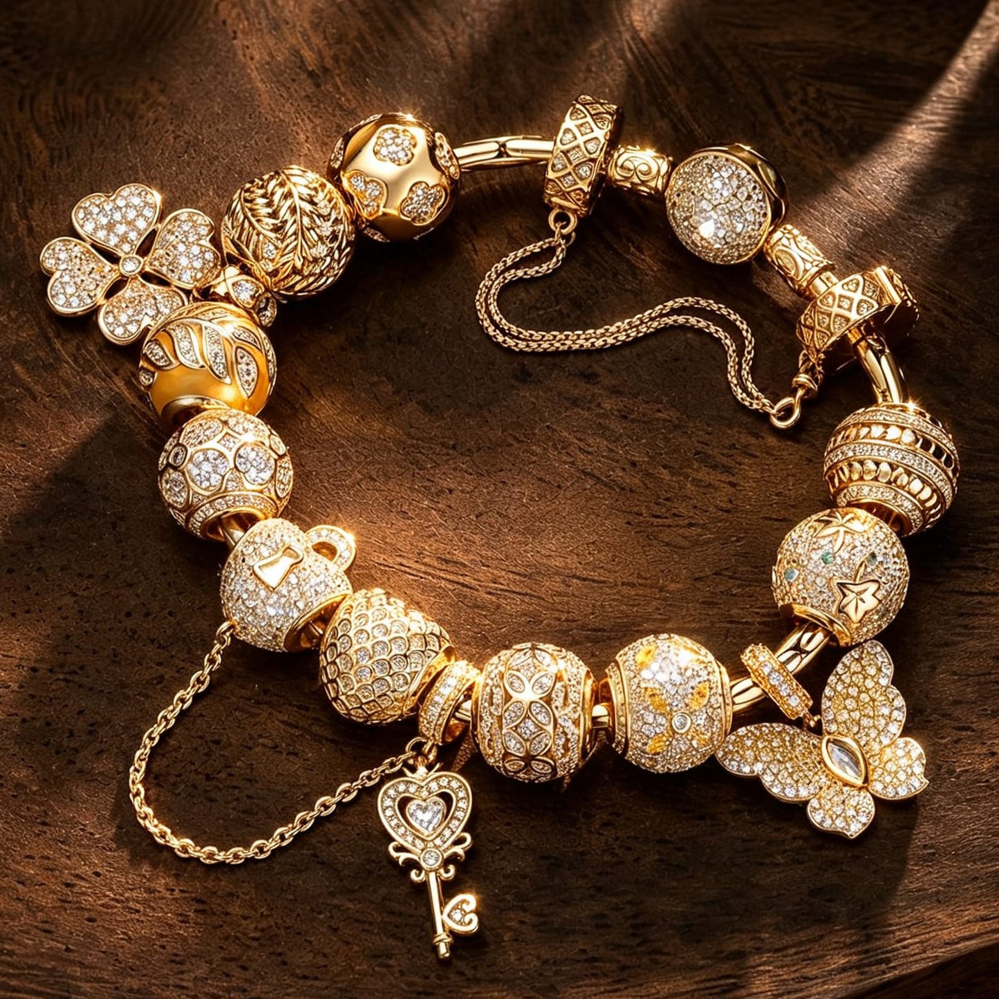 Sterling Silver Autumn in Tuscany Bamboo Chain Charms Bracelet Set With Enamel In 14K Gold Plated (Includes bracelet and all charms shown)