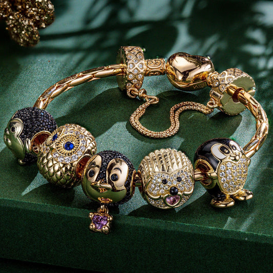 gon- Sterling Silver Wise and Whimsical Animals Charms Bracelet Set With Enamel In 14K Gold Plated