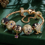 Sterling Silver Wise and Whimsical Animals Charms Bracelet Set With Enamel In 14K Gold Plated