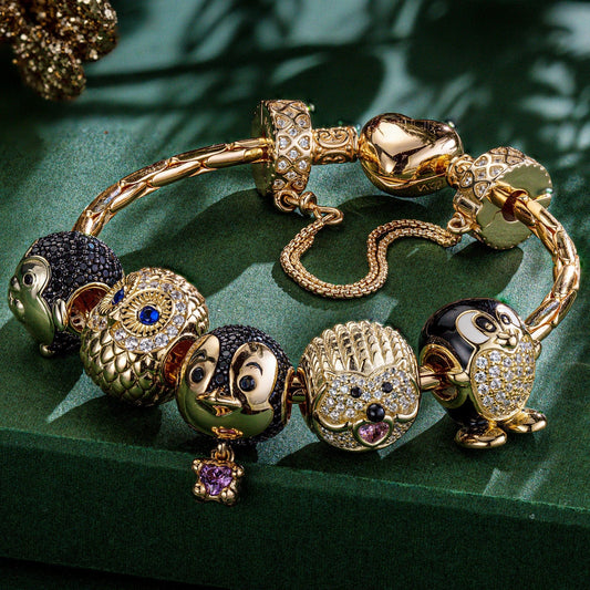gona- Sterling Silver Wise and Whimsical Animals Charms Bracelet Set With Enamel In 14K Gold Plated (Includes bracelet and all charms shown)