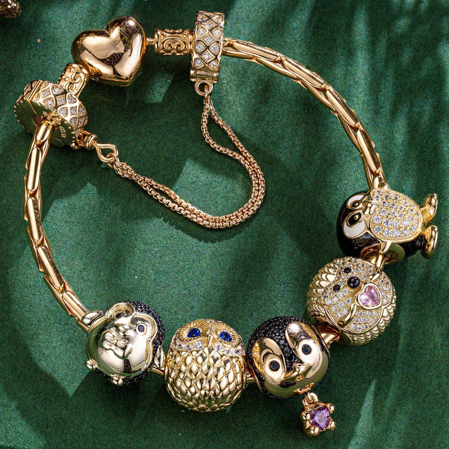 Sterling Silver Wise and Whimsical Animals Charms Bracelet Set With Enamel In 14K Gold Plated