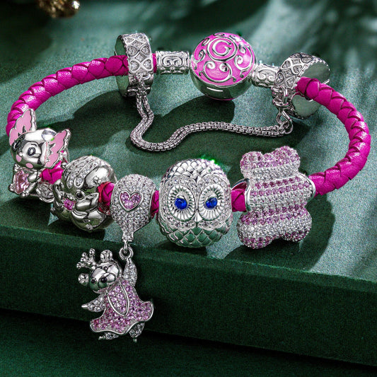 gon- Sterling Silver Cheerful Critter Animals Charms Bracelet Set With Enamel In White Gold Plated