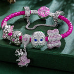 Sterling Silver Cheerful Critter Animals Charms Bracelet Set With Enamel In White Gold Plated