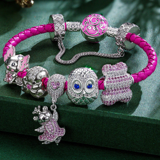 gon- Sterling Silver Cheerful Critter Animals Charms Bracelet Set With Enamel In White Gold Plated (Includes bracelet and all charms shown)