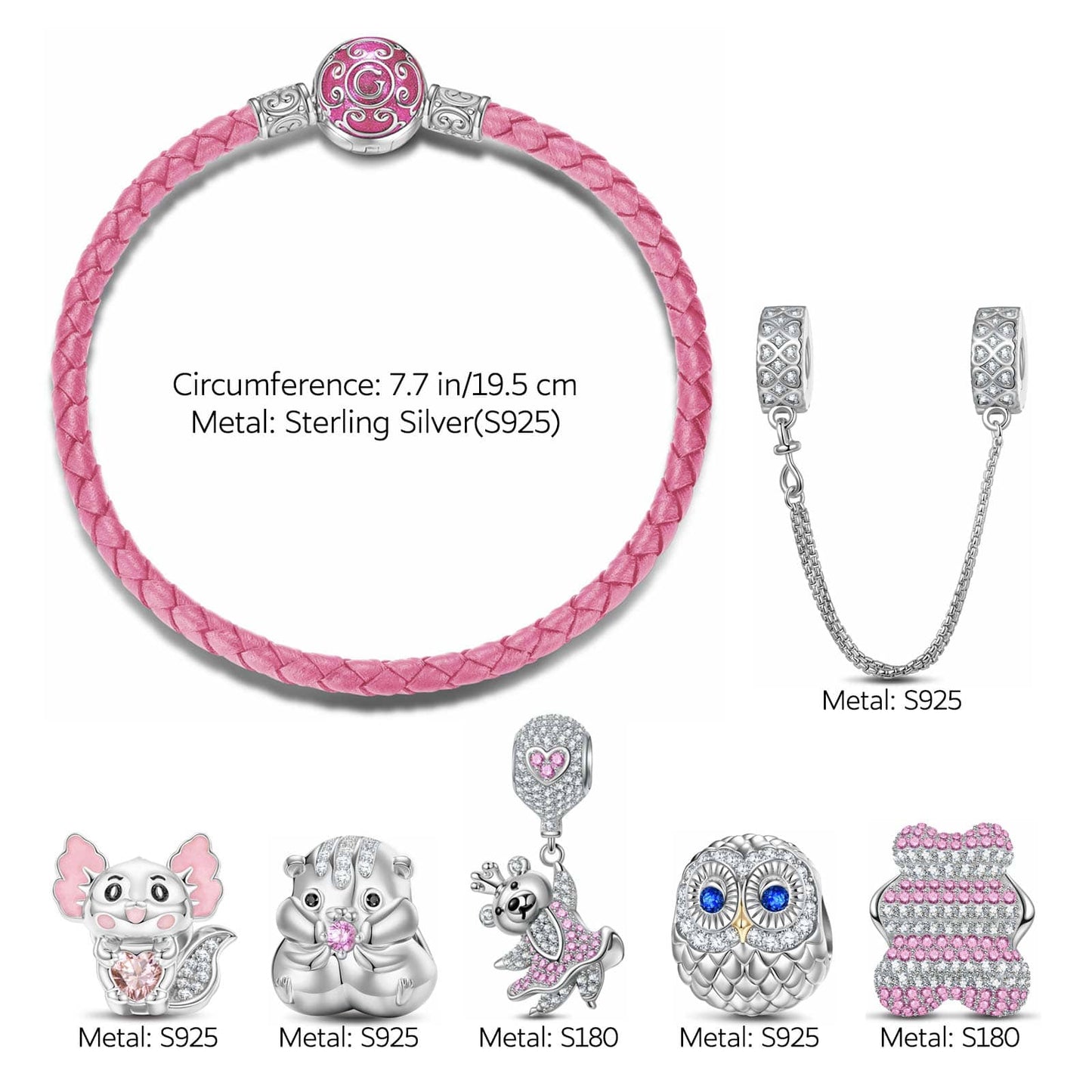 Sterling Silver Cheerful Critter Animals Charms Bracelet Set With Enamel In White Gold Plated (Includes bracelet and all charms shown)