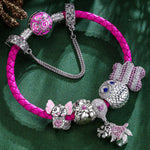 Sterling Silver Cheerful Critter Animals Charms Bracelet Set With Enamel In White Gold Plated