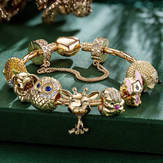 gona- Sterling Silver Innocent Childhood Joy Animals Charms Bracelet Set With Enamel In 14K Gold Plated (Includes bracelet and all charms shown)