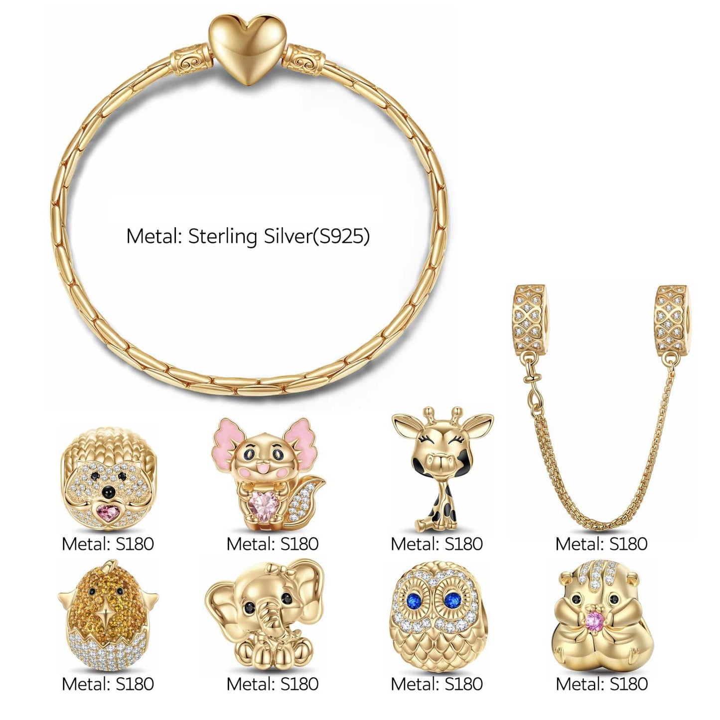 Sterling Silver Innocent Childhood Joy Animals Charms Bracelet Set With Enamel In 14K Gold Plated (Includes bracelet and all charms shown)