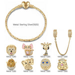 Sterling Silver Innocent Childhood Joy Animals Charms Bracelet Set With Enamel In 14K Gold Plated (Includes bracelet and all charms shown)
