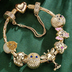 Sterling Silver Innocent Childhood Joy Animals Charms Bracelet Set With Enamel In 14K Gold Plated (Includes bracelet and all charms shown)