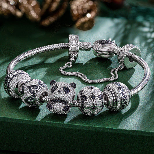 gona- Sterling Silver Panda Love Animals Charms Bracelet Set With Enamel In White Gold Plated (Includes bracelet and all charms shown)