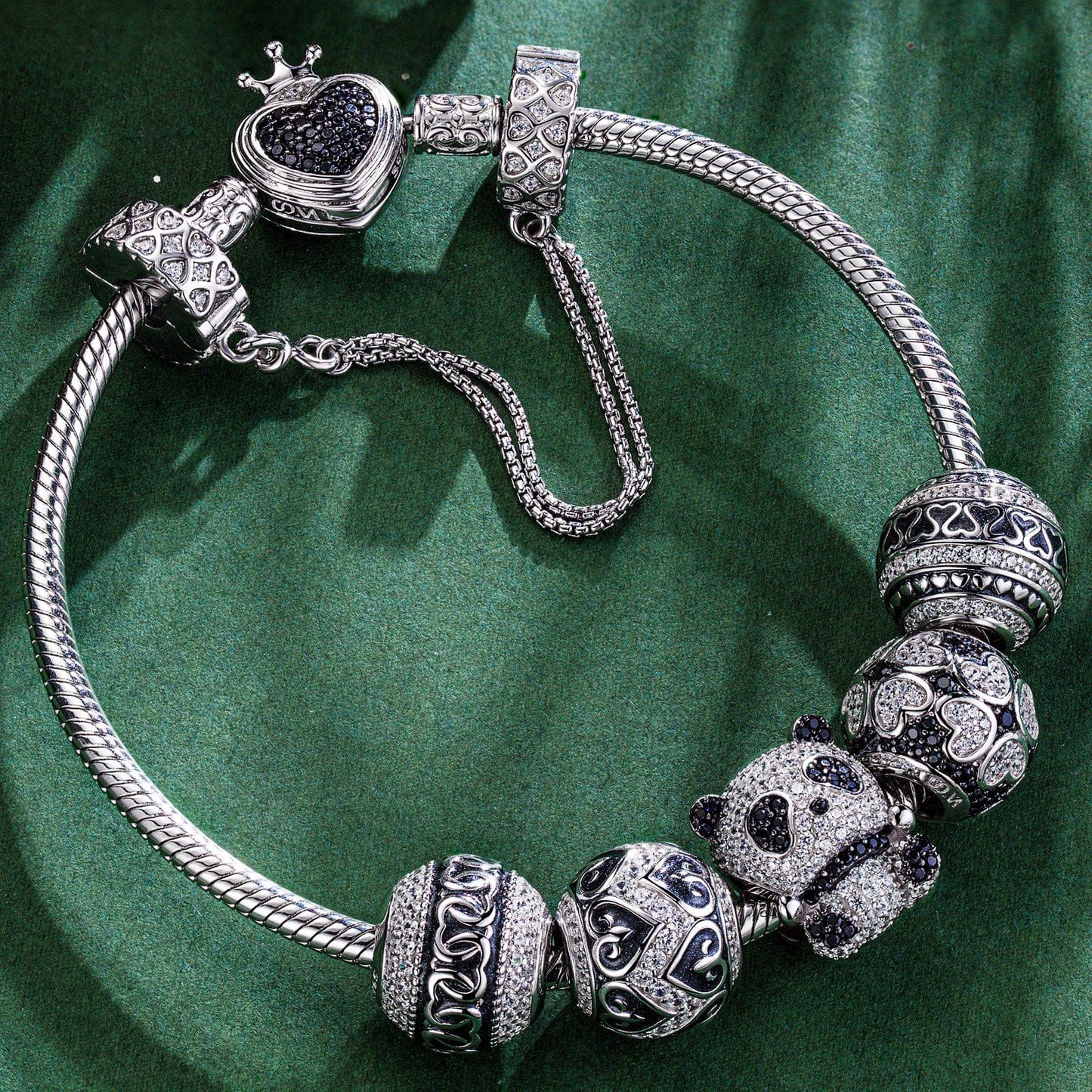 Sterling Silver Panda Love Animals Charms Bracelet Set With Enamel In White Gold Plated (Includes bracelet and all charms shown)