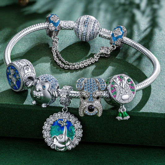 gona- Sterling Silver Blessed and Guardian Animals Charms Bracelet Set With Enamel In White Gold Plated (Includes bracelet and all charms shown)