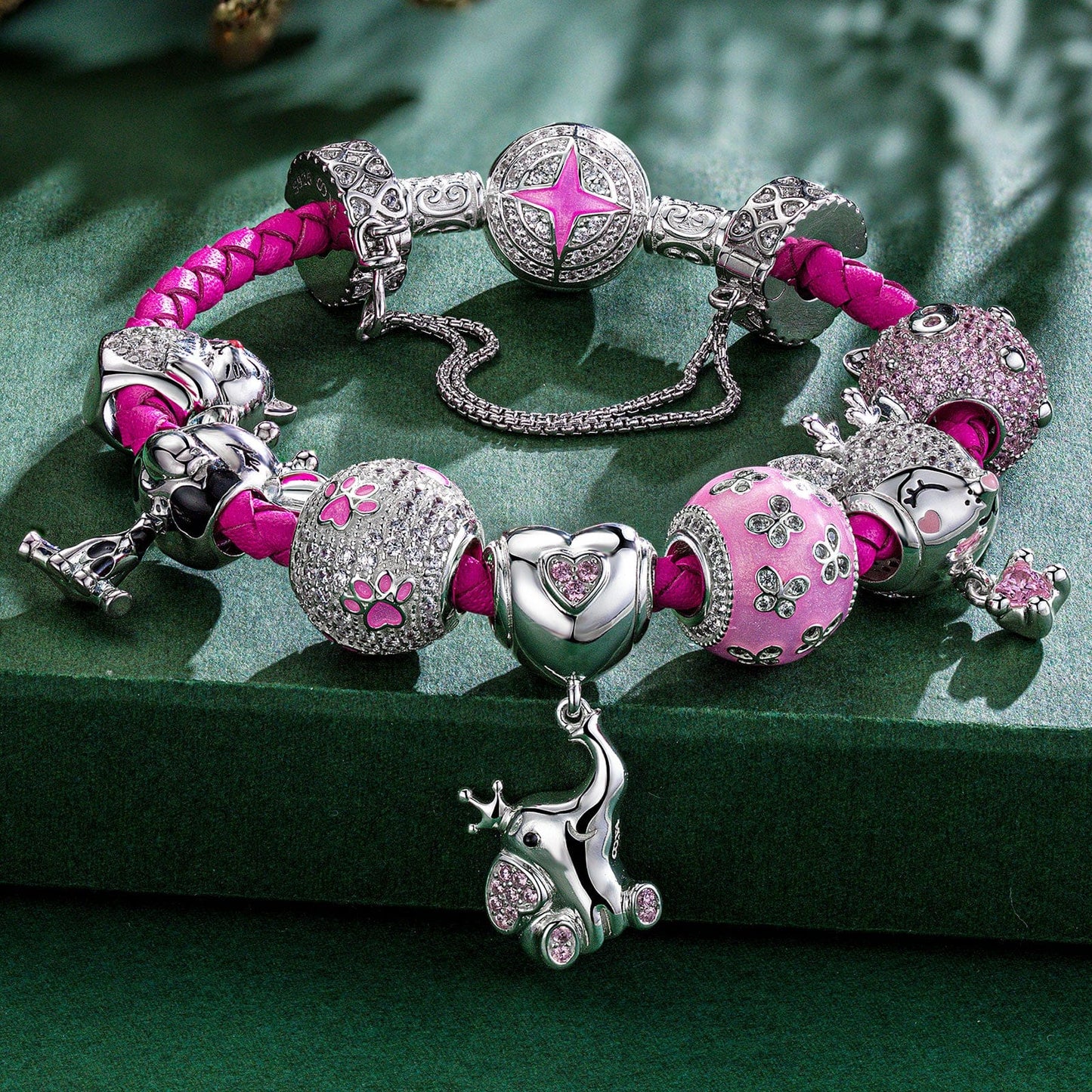 Sterling Silver My Lucky Treasures Animals Charms Bracelet Set With Enamel In White Gold Plated