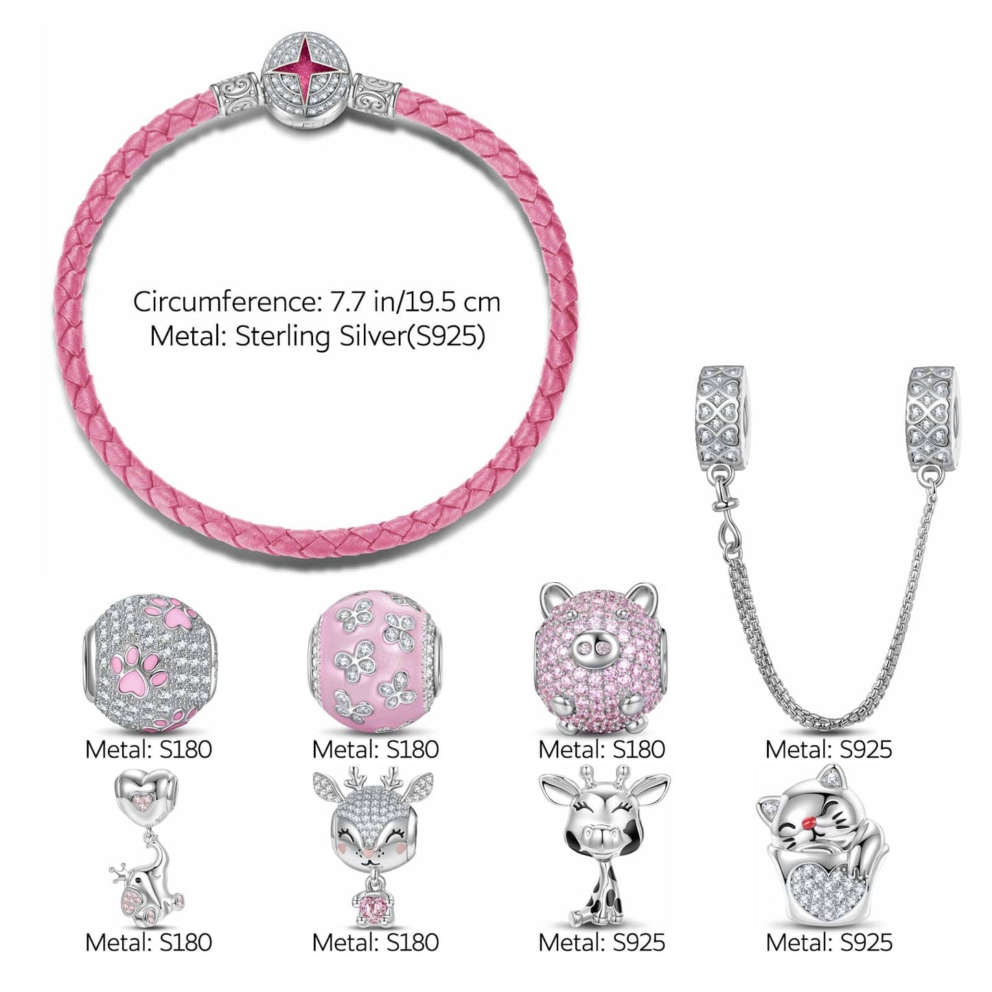 Sterling Silver My Lucky Treasures Animals Charms Bracelet Set With Enamel In White Gold Plated