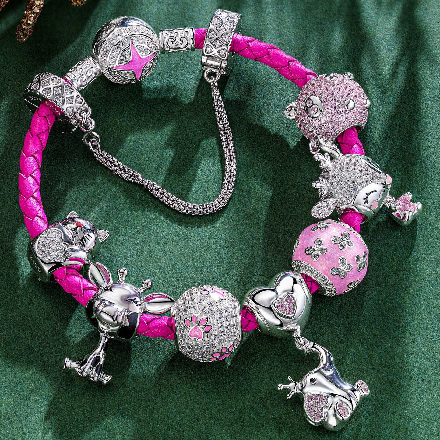 Sterling Silver My Lucky Treasures Animals Charms Bracelet Set With Enamel In White Gold Plated (Includes bracelet and all charms shown)