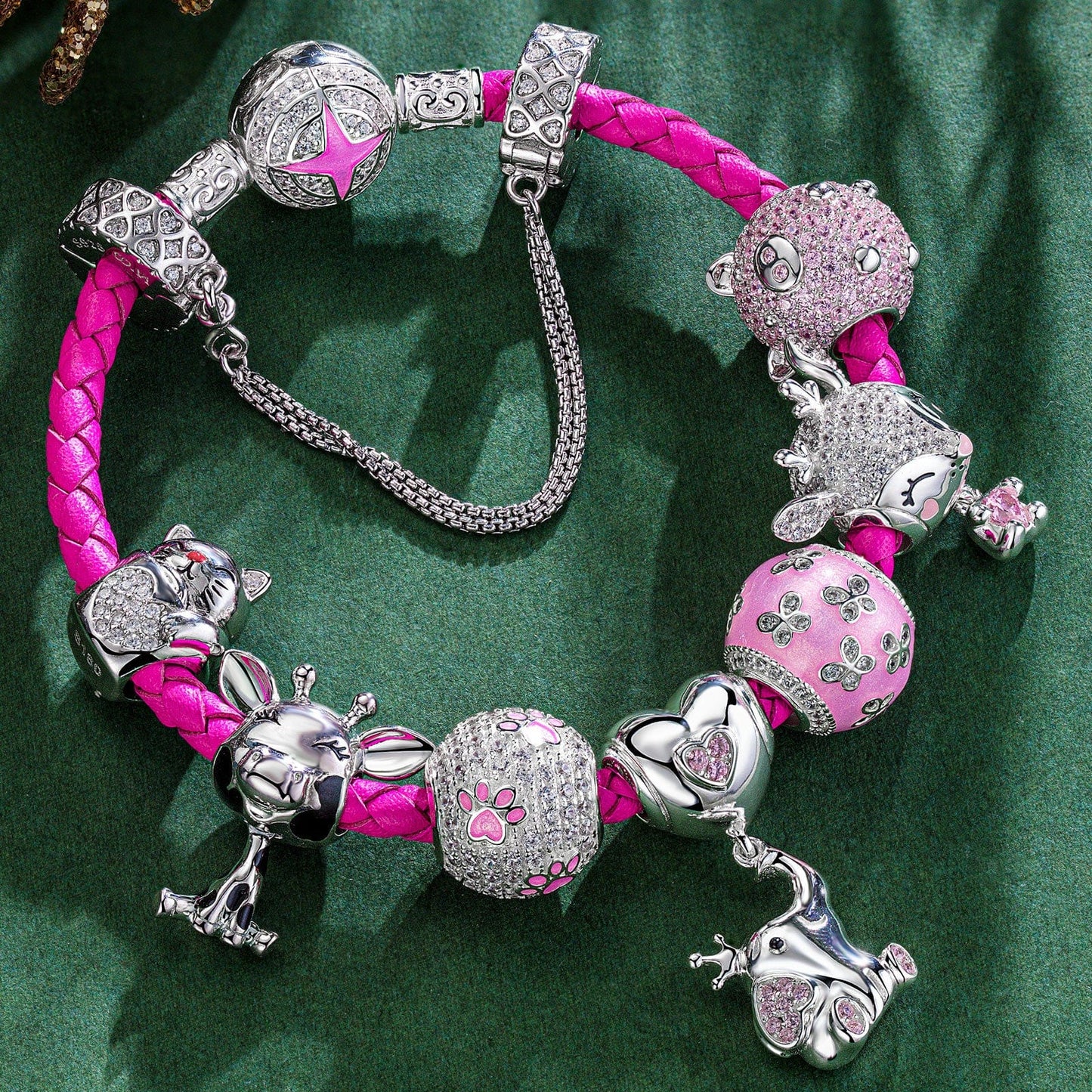 Sterling Silver My Lucky Treasures Animals Charms Bracelet Set With Enamel In White Gold Plated