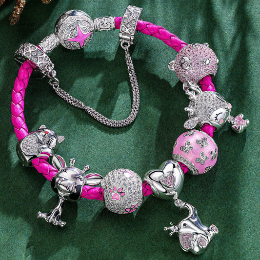 gon- Sterling Silver My Lucky Treasures Animals Charms Bracelet Set With Enamel In White Gold Plated