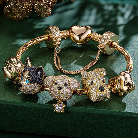 gona- Sterling Silver Loveable Faithful Companions Animals Charms Bracelet Set With Enamel In 14K Gold Plated (Includes bracelet and all charms shown)
