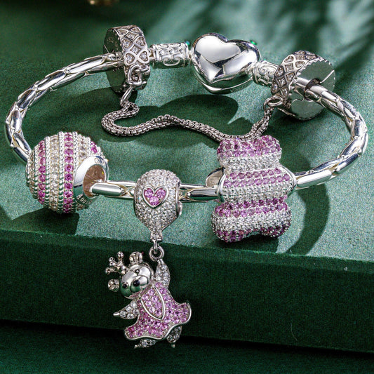 gona- Sterling Silver Cute Adventure Bear Animals Charms Bracelet Set In White Gold Plated (Includes bracelet and all charms shown)