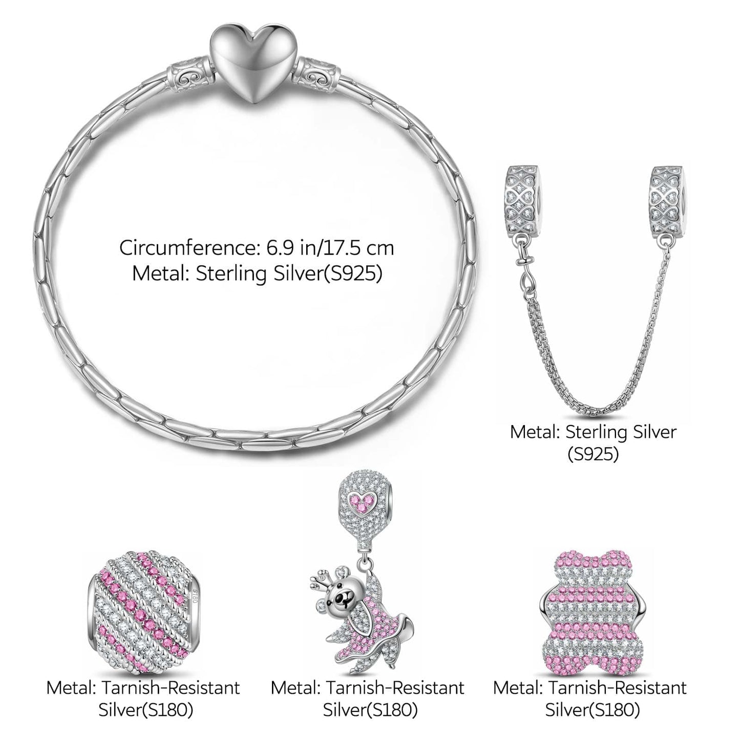 Sterling Silver Cute Adventure Bear Animals Charms Bracelet Set In White Gold Plated (Includes bracelet and all charms shown)