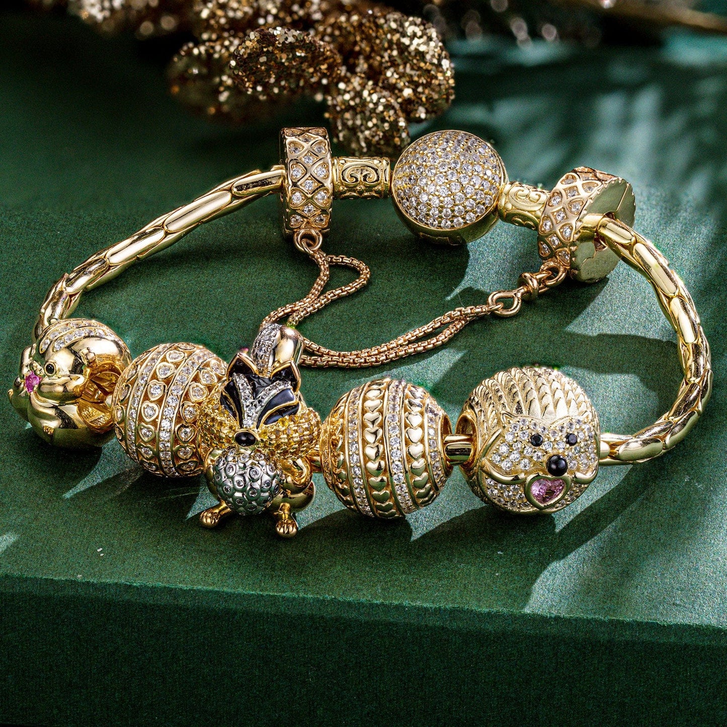 Sterling Silver Adorable Critter Animals Charms Bracelet Set With Enamel In 14K Gold Plated (Includes bracelet and all charms shown)
