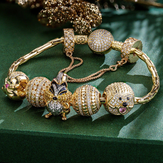 gona- Sterling Silver Adorable Critter Animals Charms Bracelet Set With Enamel In 14K Gold Plated (Includes bracelet and all charms shown)