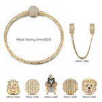 Sterling Silver Adorable Critter Animals Charms Bracelet Set With Enamel In 14K Gold Plated (Includes bracelet and all charms shown)