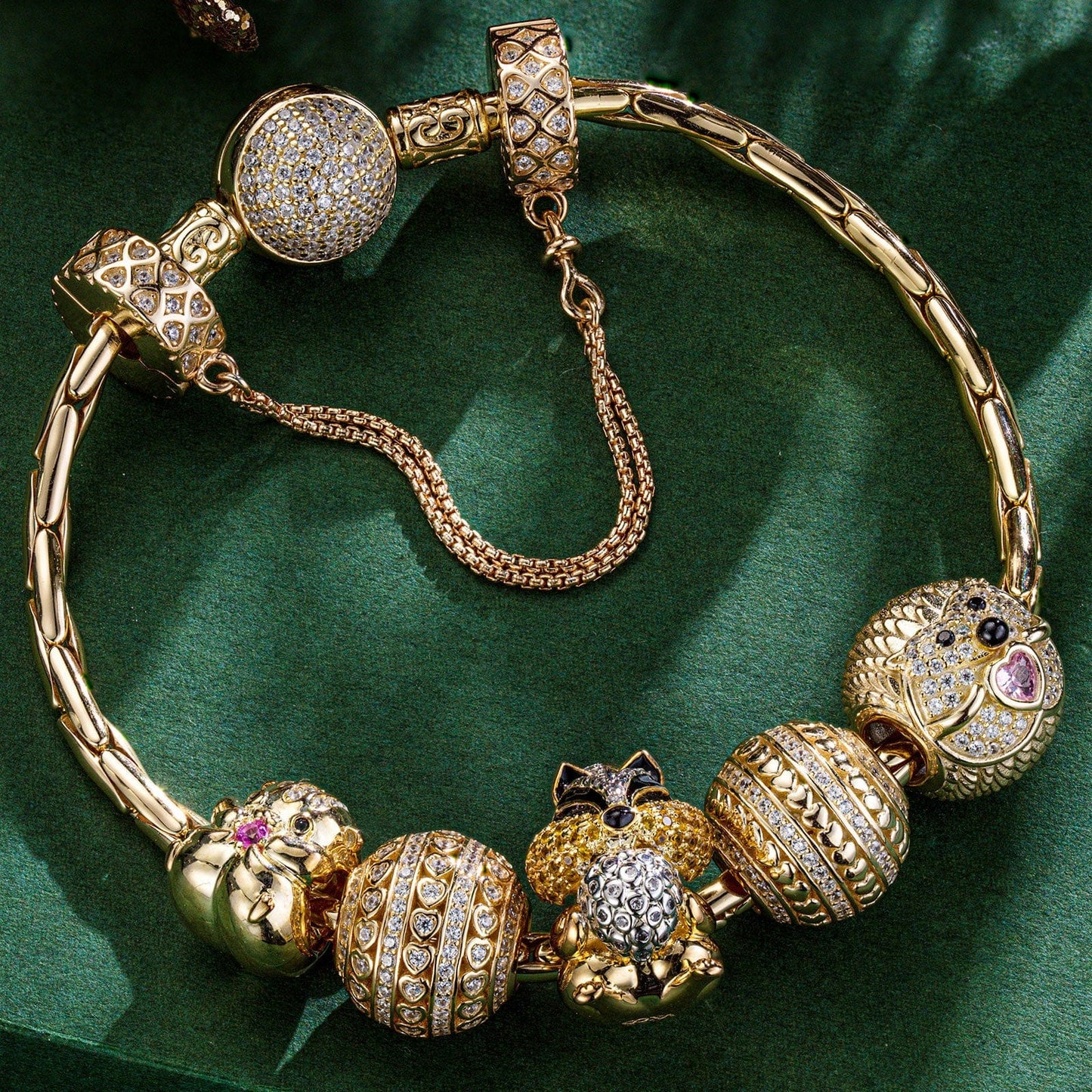 Sterling Silver Adorable Critter Animals Charms Bracelet Set With Enamel In 14K Gold Plated (Includes bracelet and all charms shown)