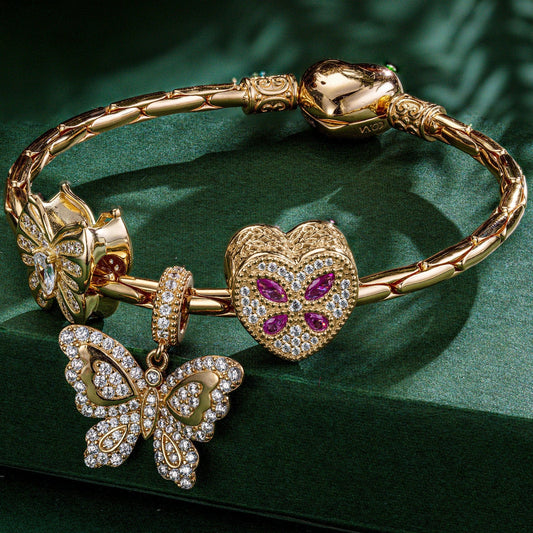 gona- Sterling Silver Golden Butterfly Serenade Animals Charms Bracelet Set In 14K Gold Plated (Includes bracelet and all charms shown)