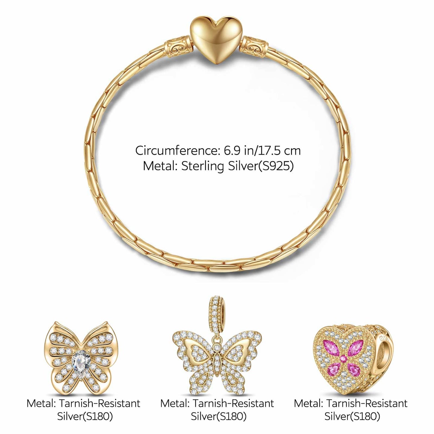 Sterling Silver Golden Butterfly Serenade Animals Charms Bracelet Set In 14K Gold Plated