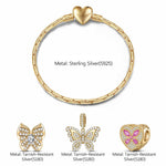 Sterling Silver Golden Butterfly Serenade Animals Charms Bracelet Set In 14K Gold Plated (Includes bracelet and all charms shown)