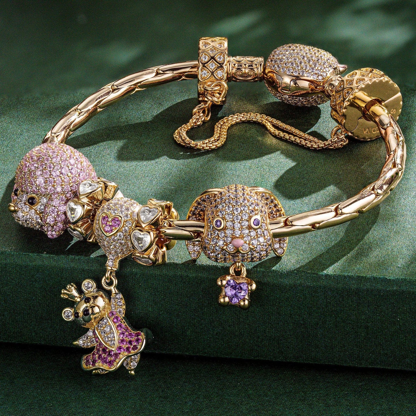 Sterling Silver Blessings and Delight Animals Charms Bracelet Set In 14K Gold Plated (Includes bracelet and all charms shown)