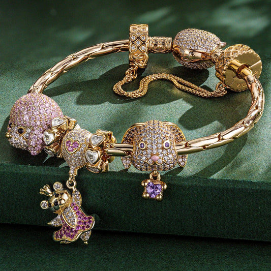 gona- Sterling Silver Blessings and Delight Animals Charms Bracelet Set In 14K Gold Plated (Includes bracelet and all charms shown)