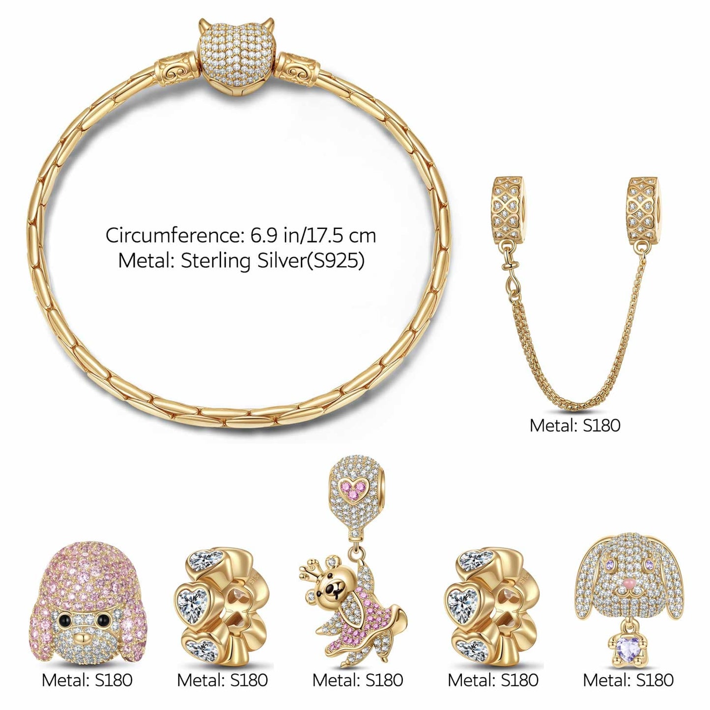 Sterling Silver Blessings and Delight Animals Charms Bracelet Set In 14K Gold Plated (Includes bracelet and all charms shown)