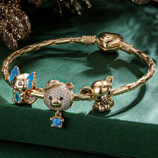 gona- Sterling Silver Enchanting Nature Friends Animals Charms Bracelet Set With Enamel In 14K Gold Plated (Includes bracelet and all charms shown)