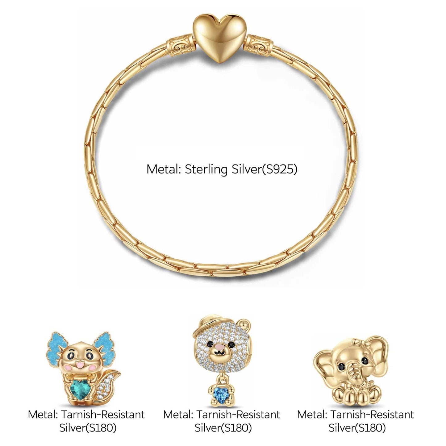 Sterling Silver Enchanting Nature Friends Animals Charms Bracelet Set With Enamel In 14K Gold Plated (Includes bracelet and all charms shown)