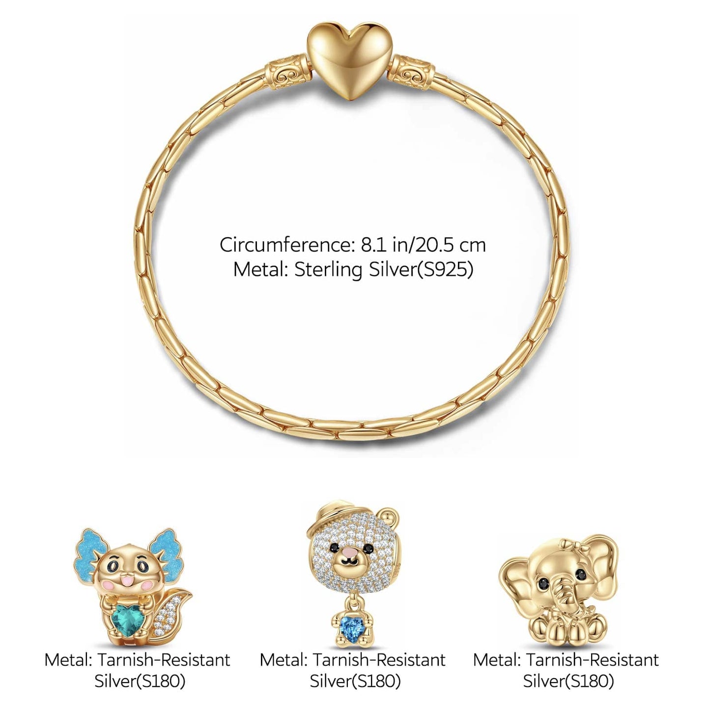 Sterling Silver Enchanting Nature Friends Animals Charms Bracelet Set With Enamel In 14K Gold Plated (Includes bracelet and all charms shown)