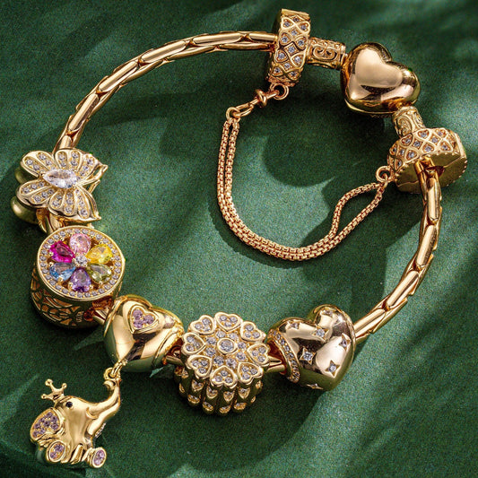 gona- Sterling Silver Golden Butterfly and Elephant Animals Charms Bracelet Set In 14K Gold Plated (Includes bracelet and all charms shown)