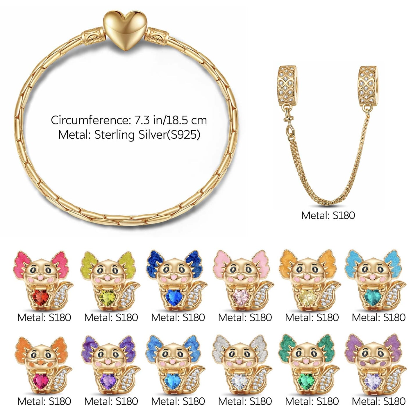 Sterling Silver 12 Month Birthstone Lovely Axolotl Animals Charms Bracelet Set With Enamel In 14K Gold Plated - Heartful Hugs Collection (Includes bracelet and all charms shown)